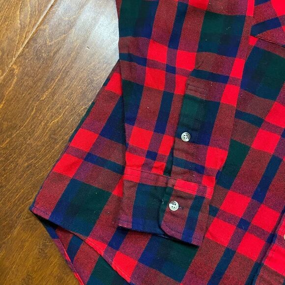 Astor One Vintage 80s Plaid Red Navy Green Flannel Shirt Men's Size Medium - Picture 4 of 8